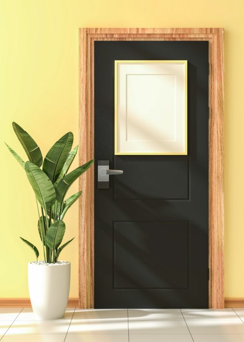 3D mockup photo frame on the door rendering